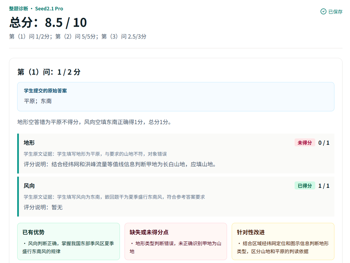 AI 对学生作答进行逐题评分与反馈